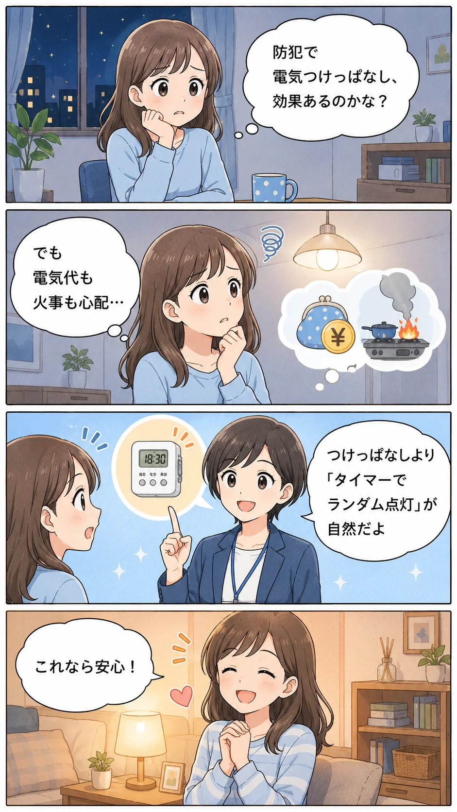 防犯で電気をつけっぱなしにすべきか悩む人が、タイマーでのランダム点灯で解決する4コマ漫画