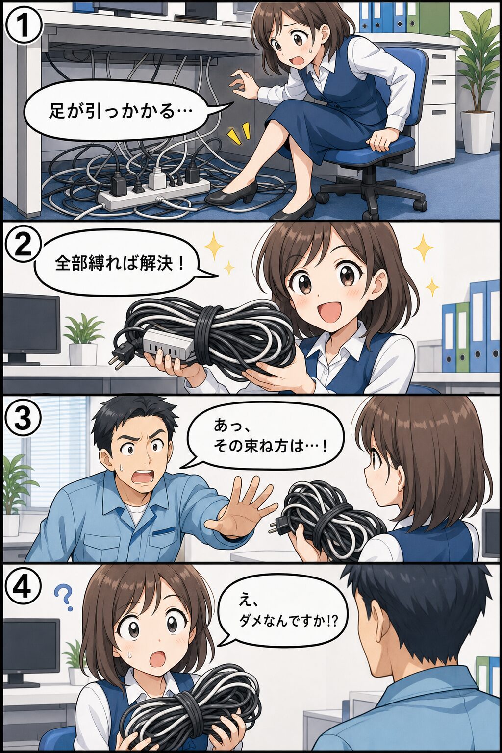 使用中の延長コードを全部縛った会社員が、清掃のプロに「その束ね方は…！」と止められる4コマ漫画
