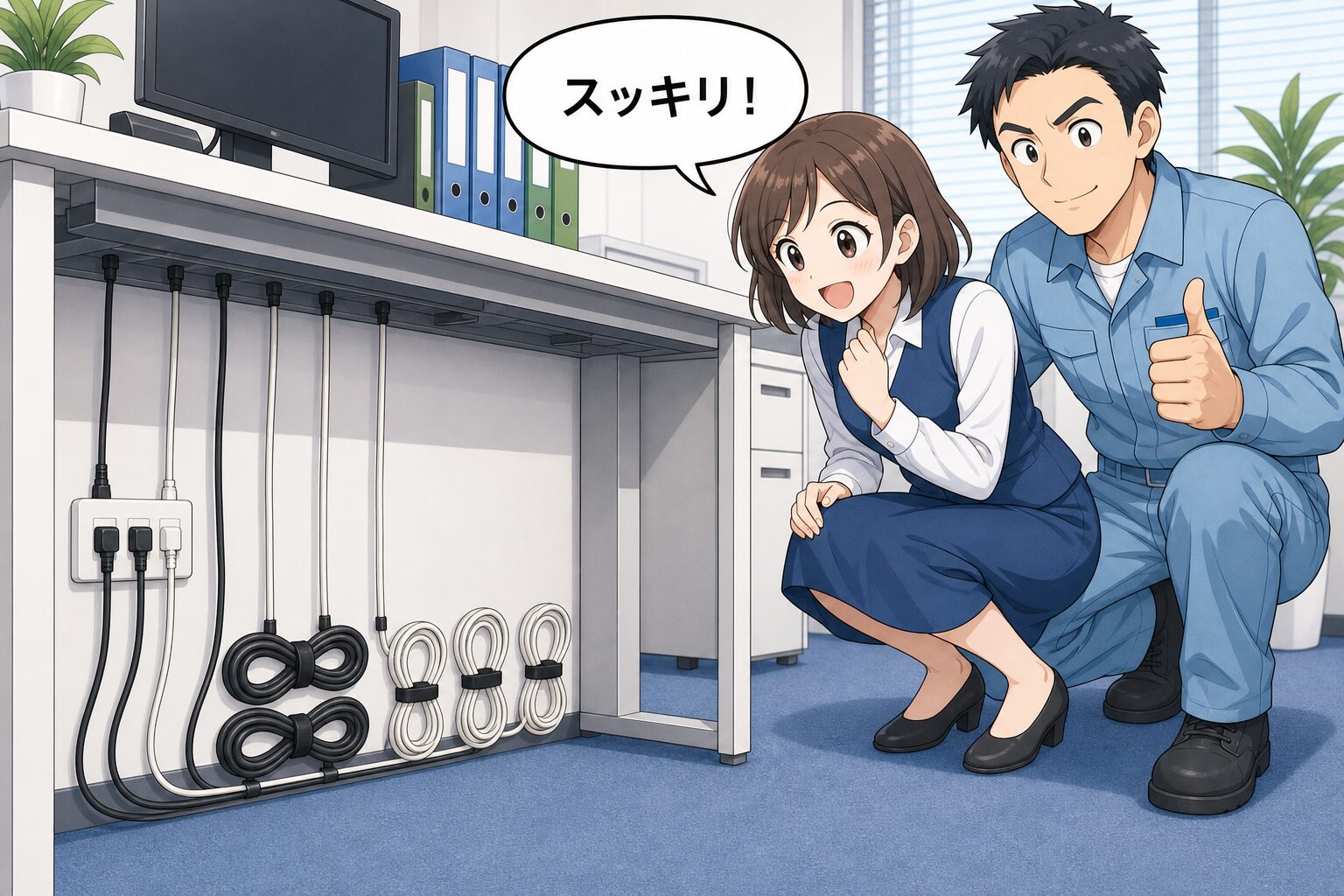 使用中のコードは伸ばし、余ったケーブルだけを8の字に巻いて整頓し終えたデスク下を見て喜ぶ会社員と、親指を立てる清掃のプロのイラスト