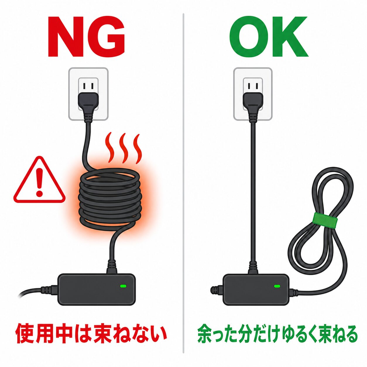 電源コードの束ね方のNGとOKを比較した図解。使用中は束ねず、余った未使用分だけゆるく束ねる