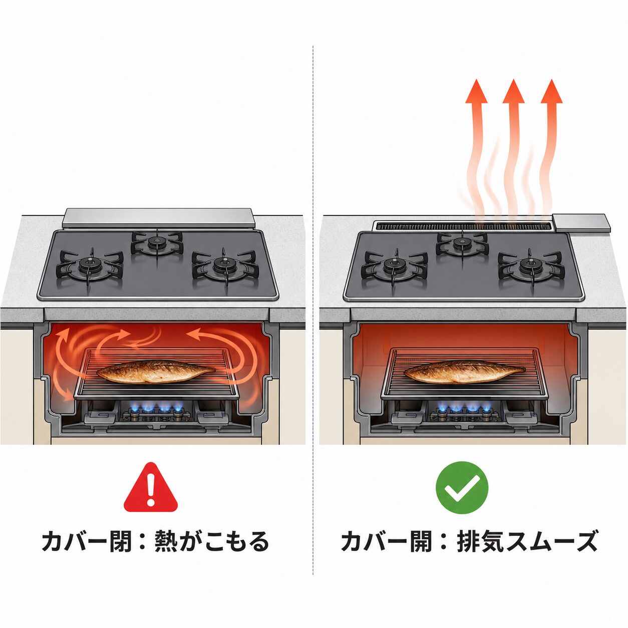 排気口カバーの開閉による熱のこもり方の違いを示す図解