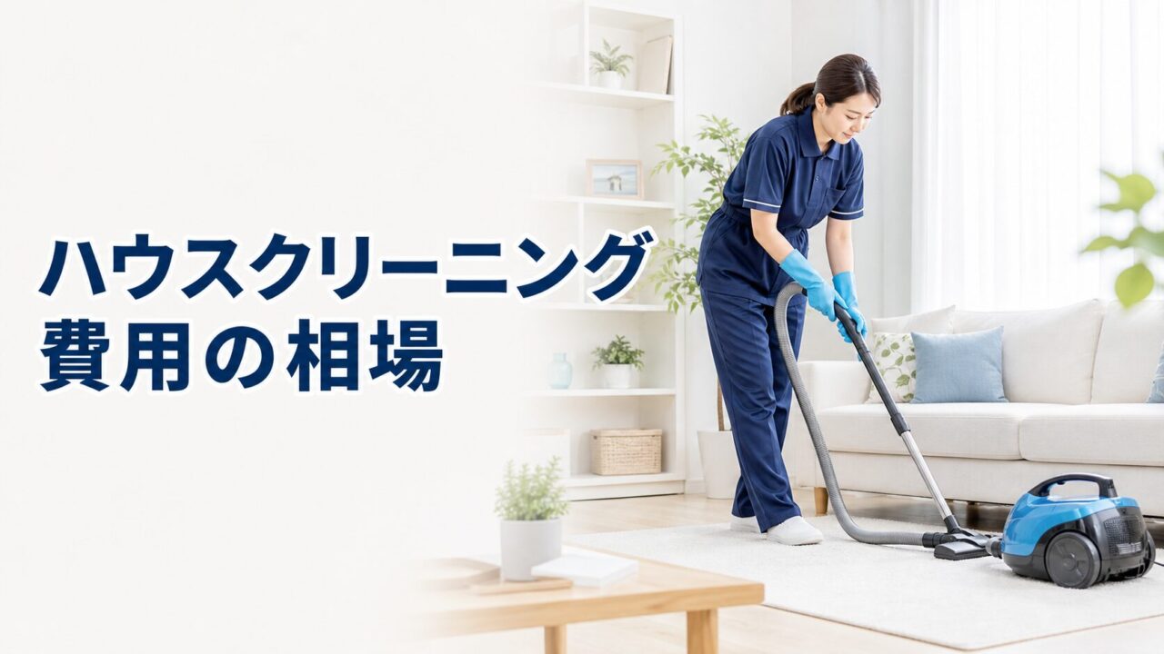 明るいリビングを掃除するプロの清掃スタッフとハウスクリーニング費用の相場の文字