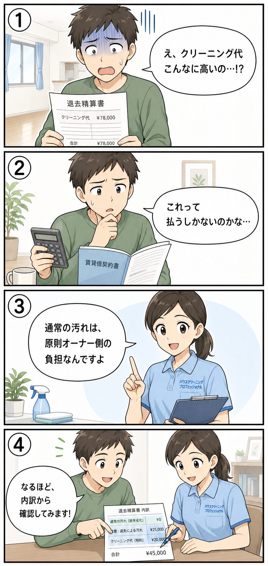 退去時のクリーニング代が高すぎると悩む入居者が内訳を確認して納得する4コマ漫画