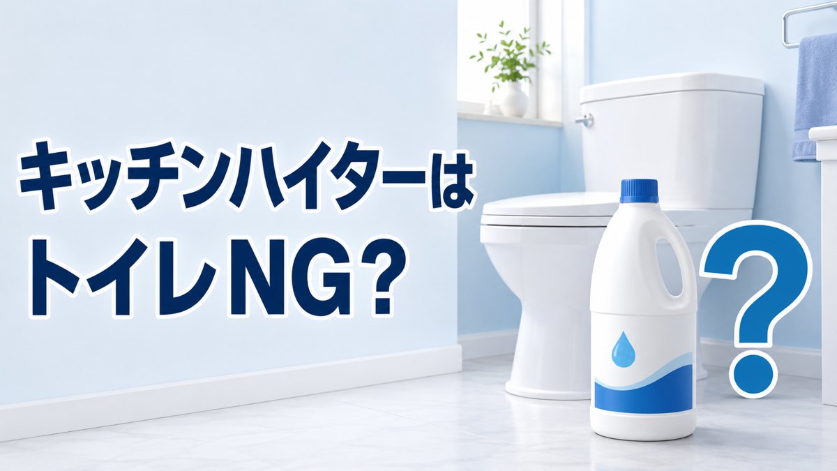 トイレにキッチンハイターを使っていいか迷うイメージ（清潔なトイレと漂白剤ボトル）