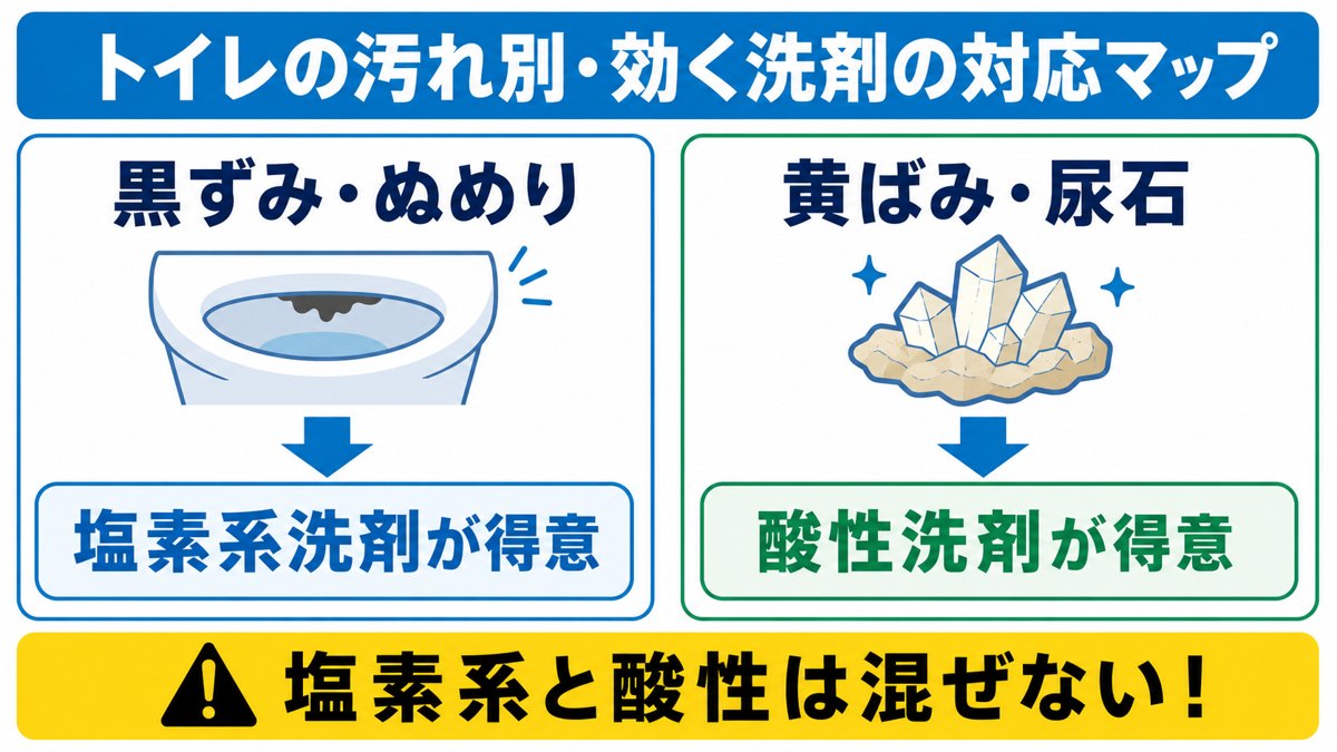 トイレの汚れ別に効く洗剤の対応マップ（黒ずみは塩素系・黄ばみ尿石は酸性）
