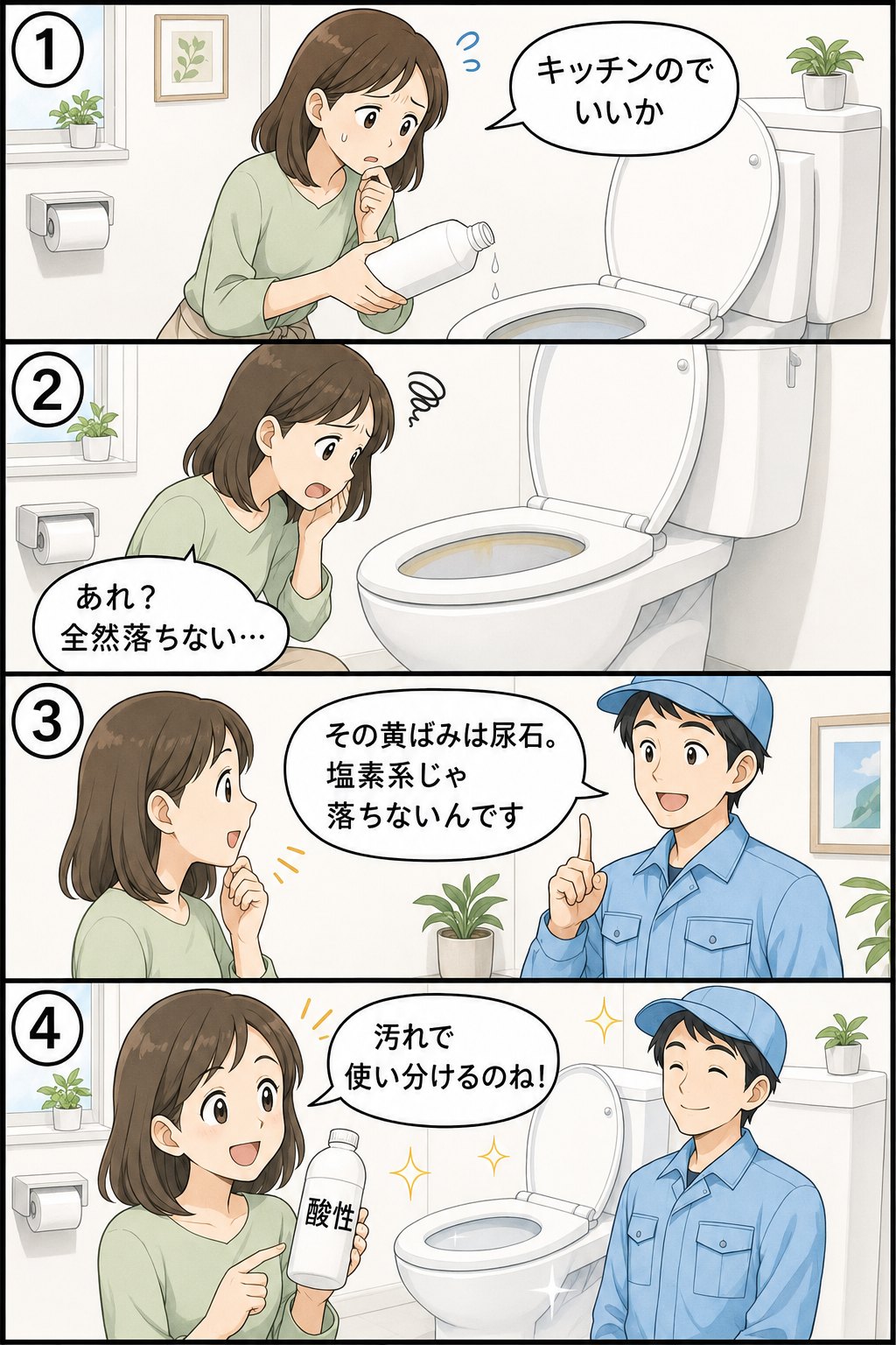 トイレの黄ばみにキッチンハイターが効かず酸性洗剤で解決する4コマ漫画