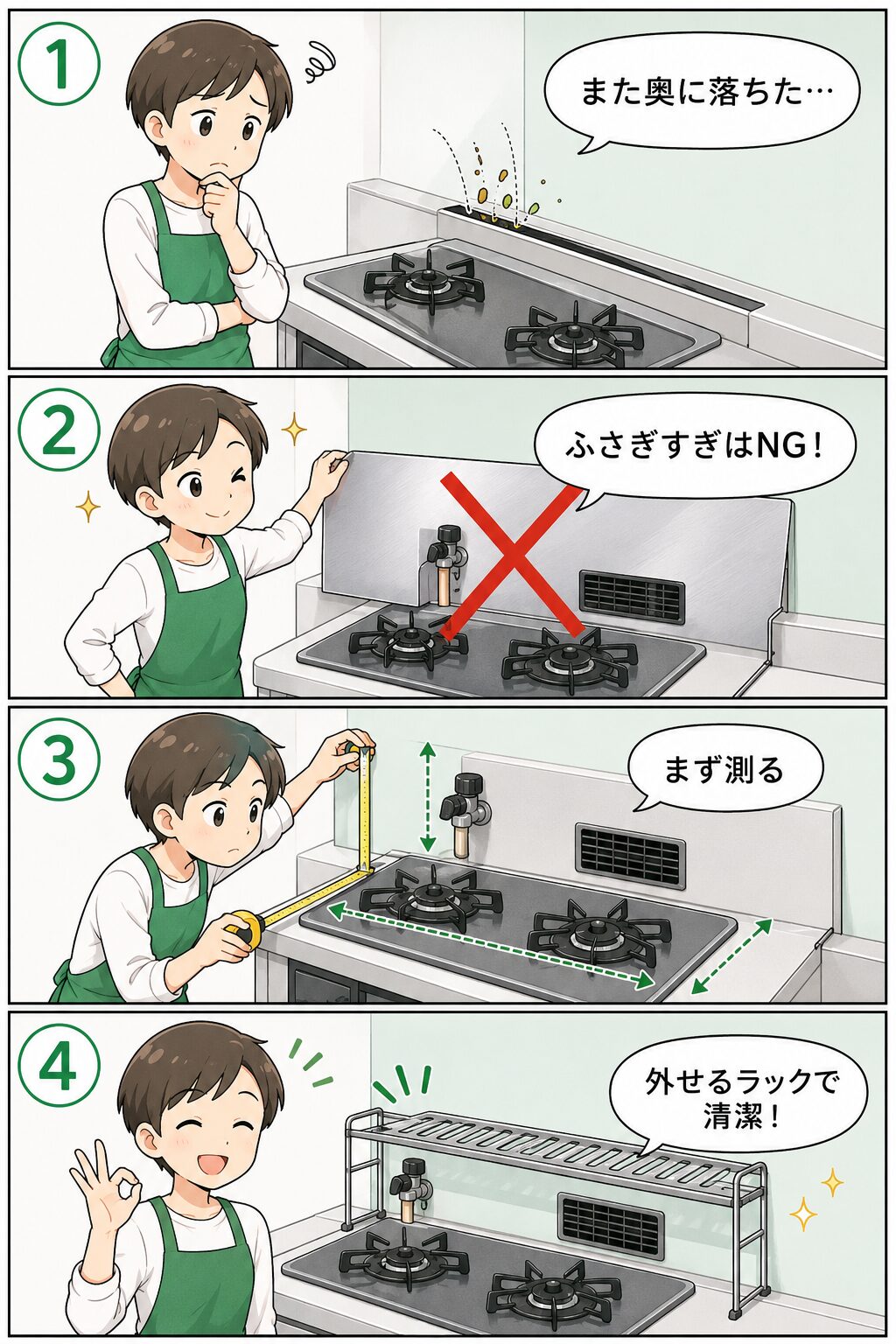 コンロ奥の隙間対策を4コマで説明する漫画