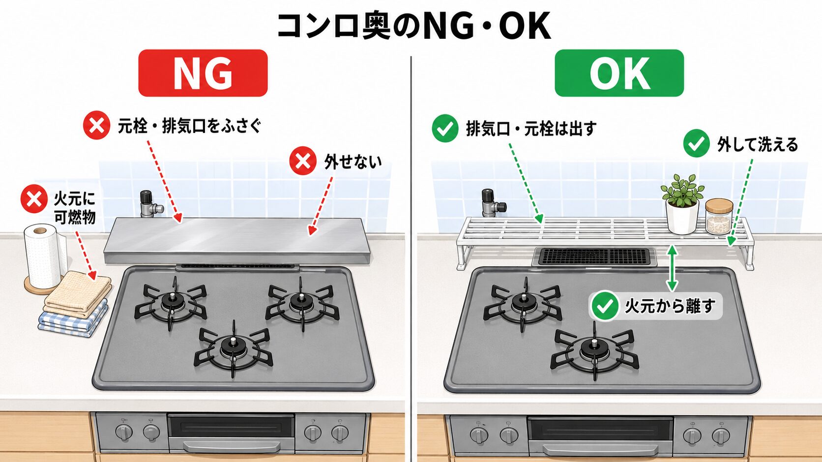 コンロ奥ラックのNG例とOK例を比較した図解