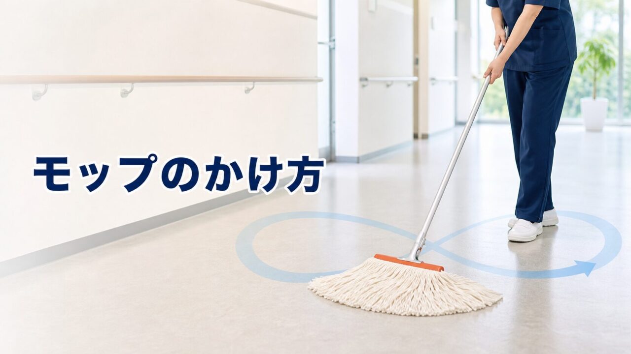白い房糸の業務用モップを横8の字に動かす清掃スタッフ