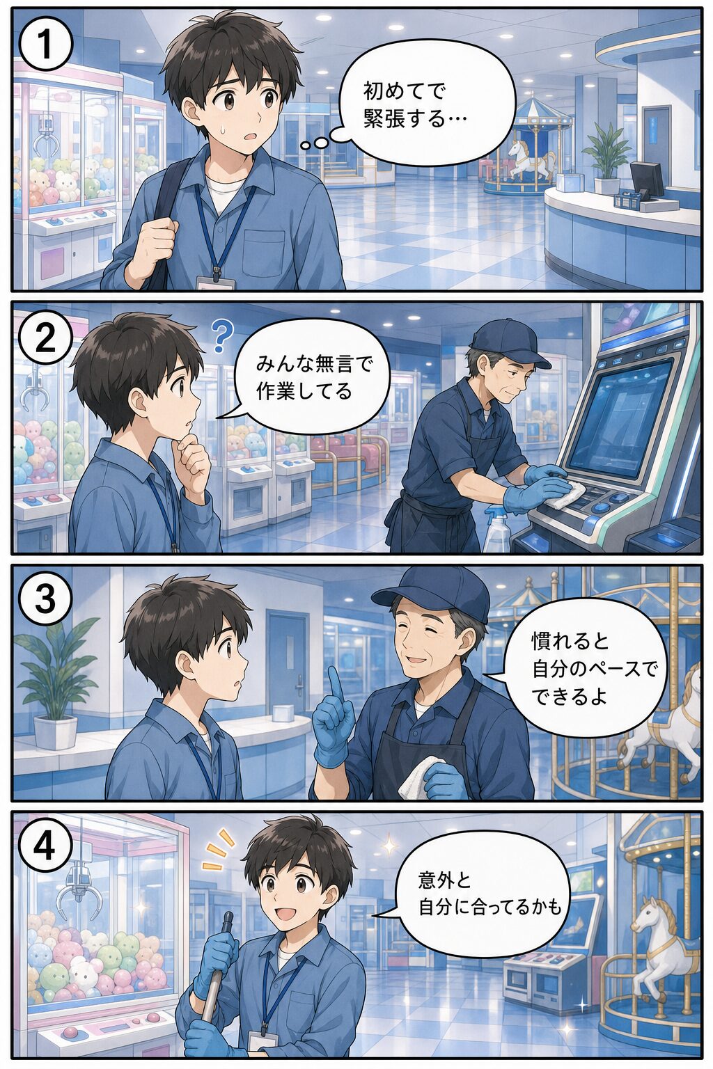 初めての閉店後清掃バイトの様子を描いた4コマ漫画