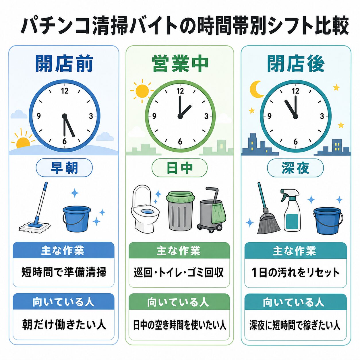 パチンコ清掃バイトの時間帯別シフト比較の図解
