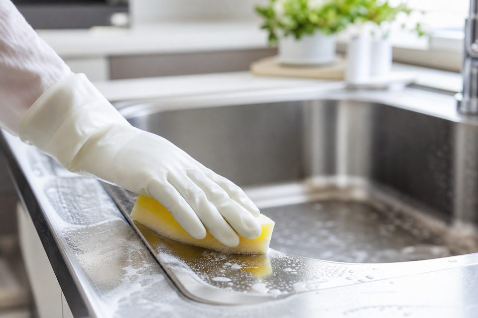 ゴム手袋でキッチンのシンクをスポンジで磨くハウスクリーニング作業